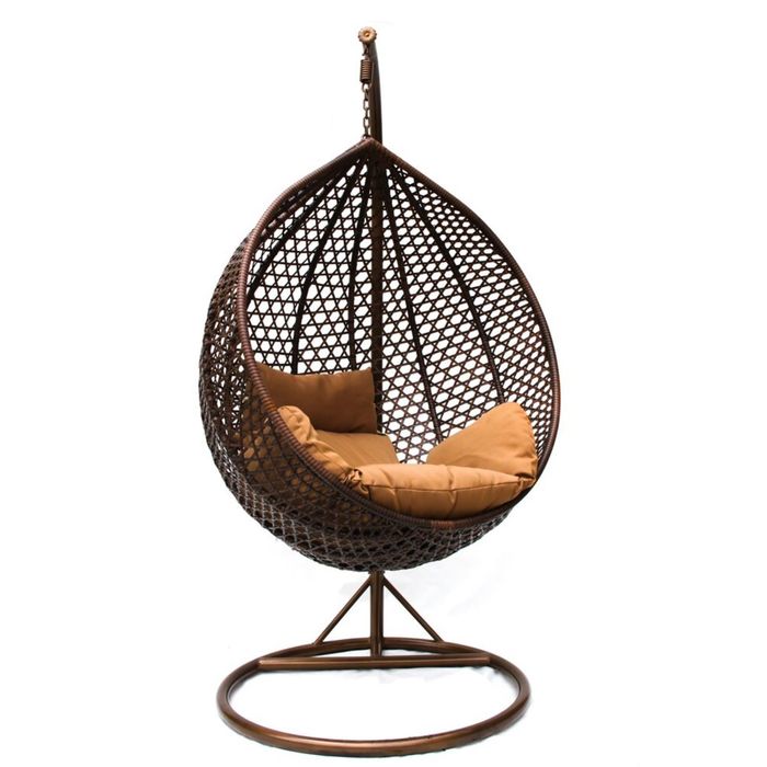 Подвесное кресло-качели на стальной штанге большие, иск. ротанг, коричневый/бежевый