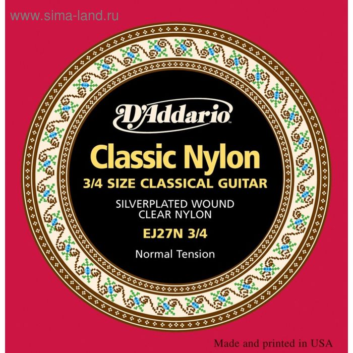 Струны для классической гитары D'Addario EJ27N-3/4 размером 3/4, ученические, нейлон чехол для классической гитары 4 4 tobago hto gb10c