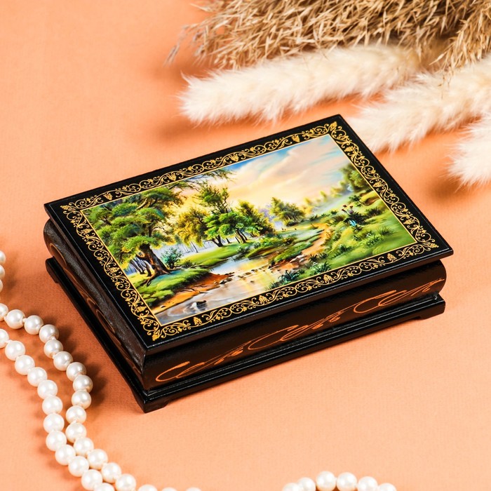 шкатулка лаковая миниатюра москва палех Шкатулка «Ручей», 10×14 см, лаковая миниатюра
