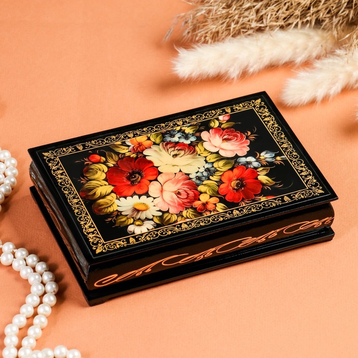 шкатулка цветы 11×16 см лаковая миниатюра Шкатулка «Цветочная роспись», 11×16 см, лаковая миниатюра