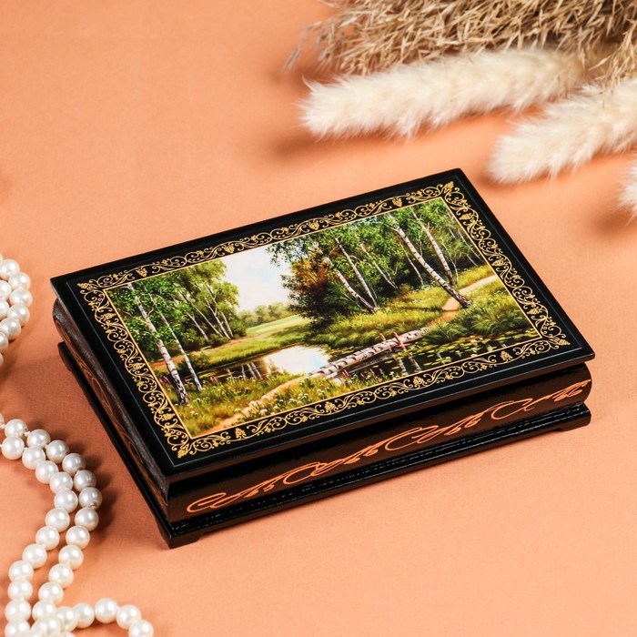 шкатулка ручей черная 16 х 16 см лаковая миниатюра Шкатулка «Мостик через ручей», 11×16 см, лаковая миниатюра
