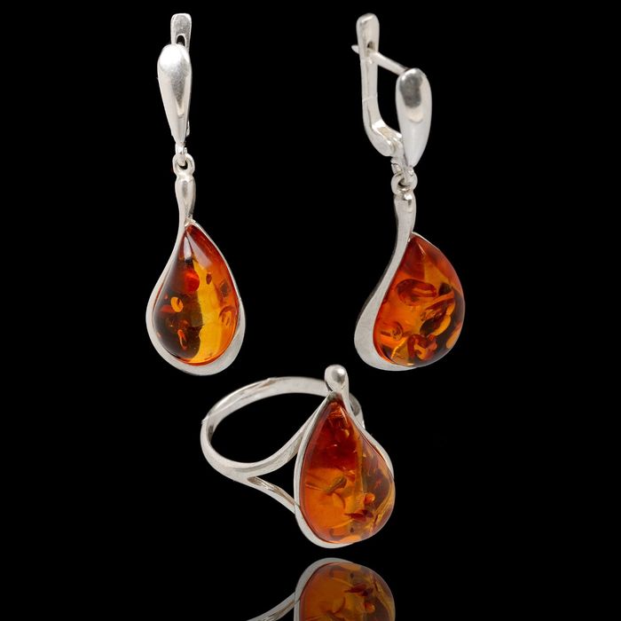 Гарнитур посеребрение 2 предмета: серьги, кольцо "Янтарь" капля, цвет МИКС, размер МИКС