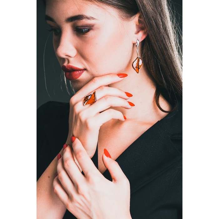 Гарнитур, 2 предмета (серьги, кольцо), серебрение, «Янтарь», две половинки, цвет МИКС, размер МИКС