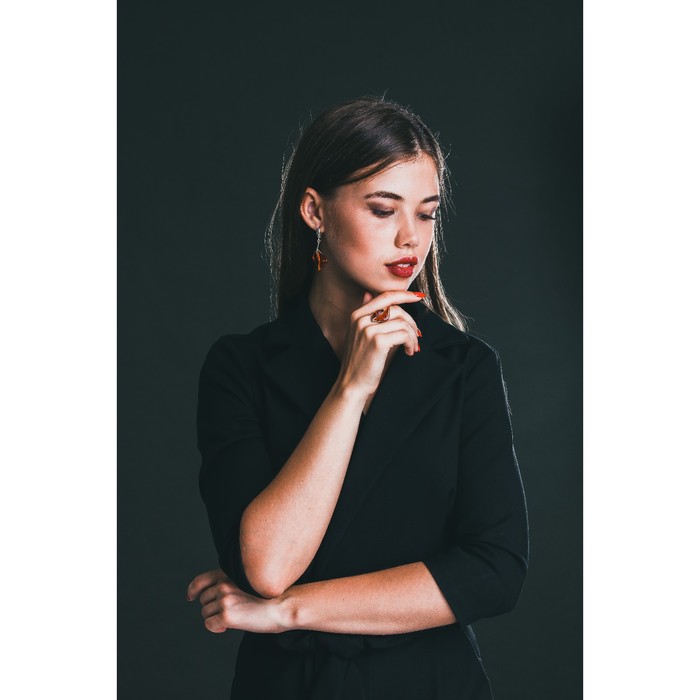 Гарнитур, 2 предмета (серьги, кольцо), серебрение, «Янтарь», две половинки, цвет МИКС, размер МИКС