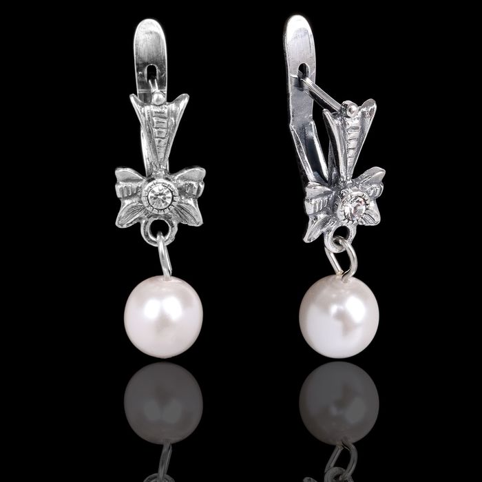 Серьги "Жемчужные 13", цвет белый в чернёном серебре