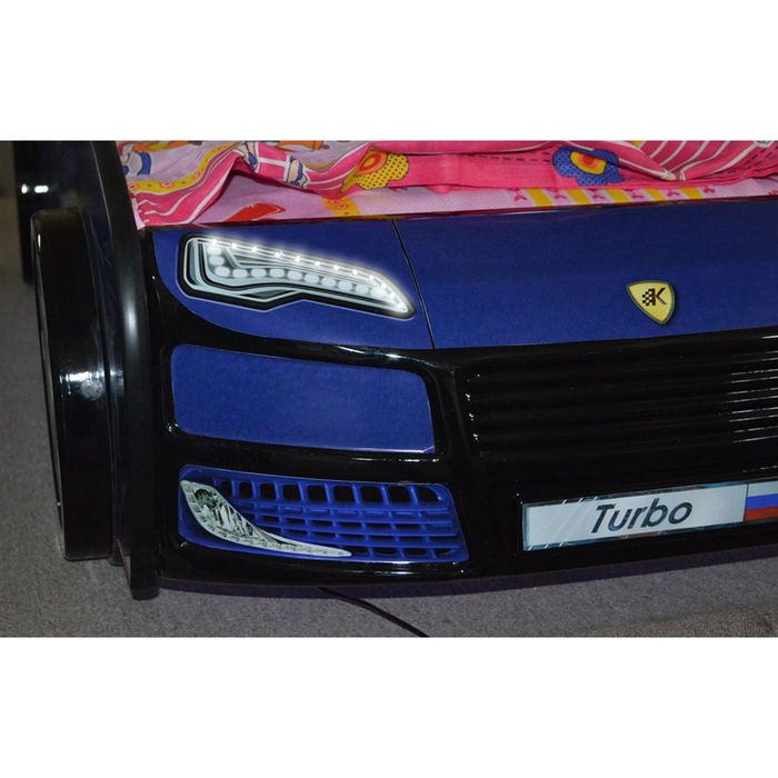 Кровать-машина «Турбо», цвет синий, с подсветкой дна и фар