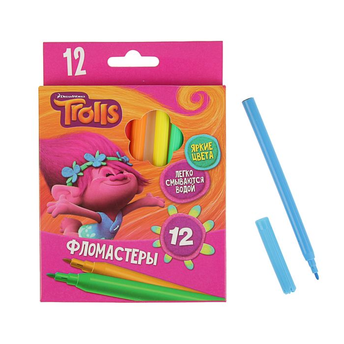 Фломастеры 12 цветов Trolls, вентилирцемый колпачок, европодвес