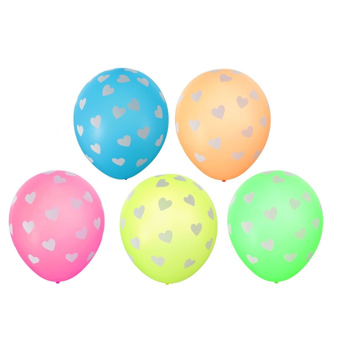 Шар латексный 12" "Сердечки", набор 12 шт, 5-сторонний, неон, цвета МИКС