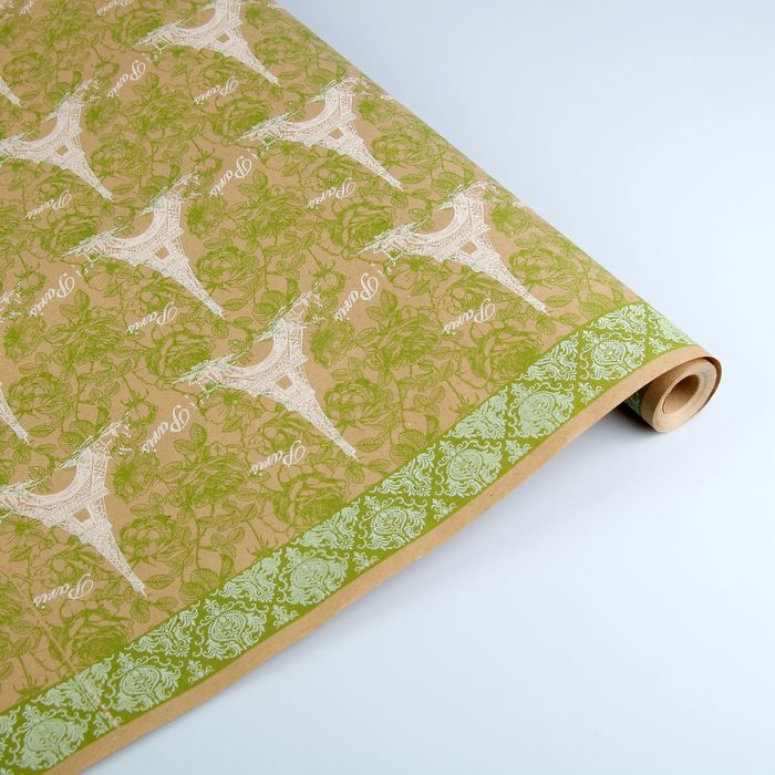 Бумага упаковочная крафт "Париж" с каймой бело-салатовая на коричневом, 70 см х 8,5 м