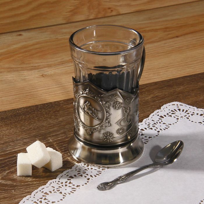 Подстаканник "Зимние виды спорта. Горные лыжи", никелированный, с чернением