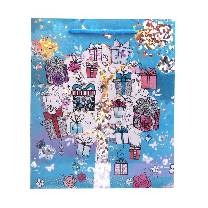 Пакет подарочный голография вертикальный «Подарочки», ML 23 × 27 × 8 см
