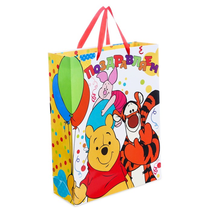 Пакет ламинированный вертикальный "Поздравляем!", Медвежонок Винни и его друзья, 31 х 40 х 11 см