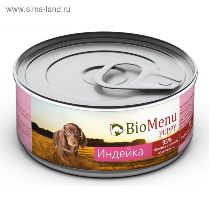 Консервы BioMenu PUPPY для щенков индейка 95%-мясо , 100гр консервы biomenu adult для собак мясное ассорти 95% мясо 100гр