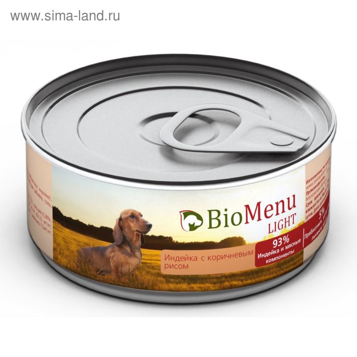 Консервы BioMenu LIGHT для собак индейка с коричневым рисом 93%-мясо , 100гр biomenu biomenu гипоаллергенные консервы для собак индейка и кролик 100 г