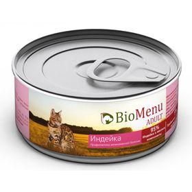 Влажный корм BioMenu ADULT для кошек, мясной паштет с индейкой 95%-мясо, 100 г