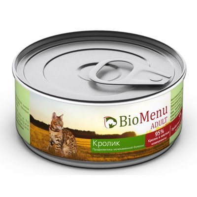 Консервы BioMenu ADULT для кошек, мясной паштет с кроликом 95%-мясо, 100 г.