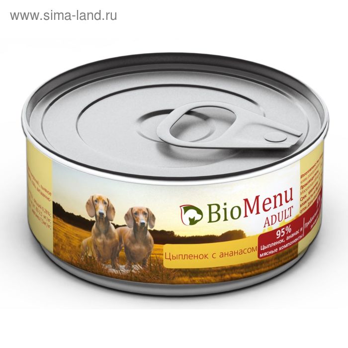 Консервы BioMenu ADULT для собак цыпленок с ананасами 95%-мясо , 100гр консервы biomenu adult для кошек мясной паштет с индейкой 95% мясо 100 г