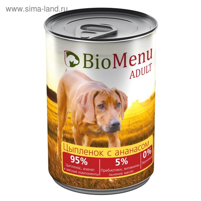 Консервы BioMenu ADULT для собак цыпленок с ананасами 95%-мясо , 410гр