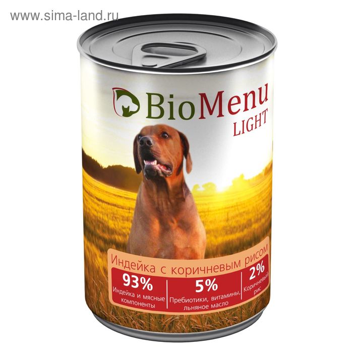 

Консервы BioMenu LIGHT для собак индейка с коричневым рисом 93%-мясо , 410гр