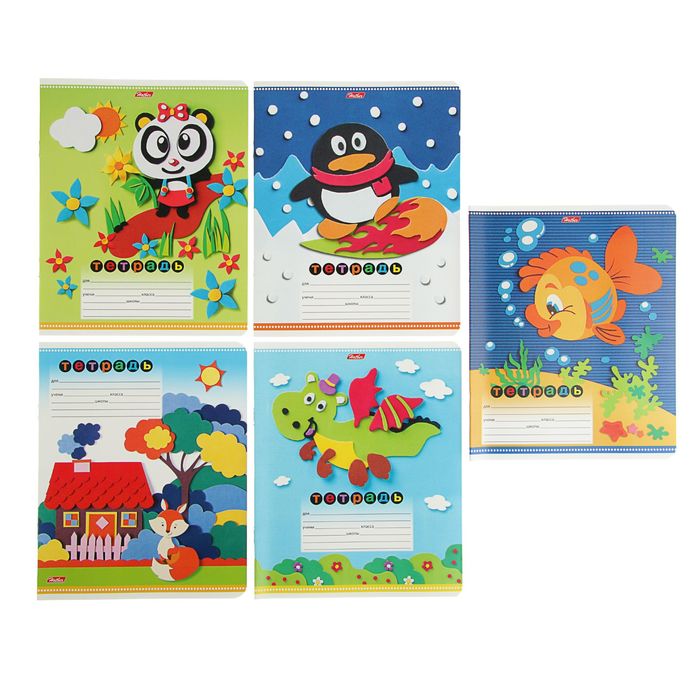 Тетрадь 12 листов клетка "Забавная аппликация", картонная обложка, МИКС