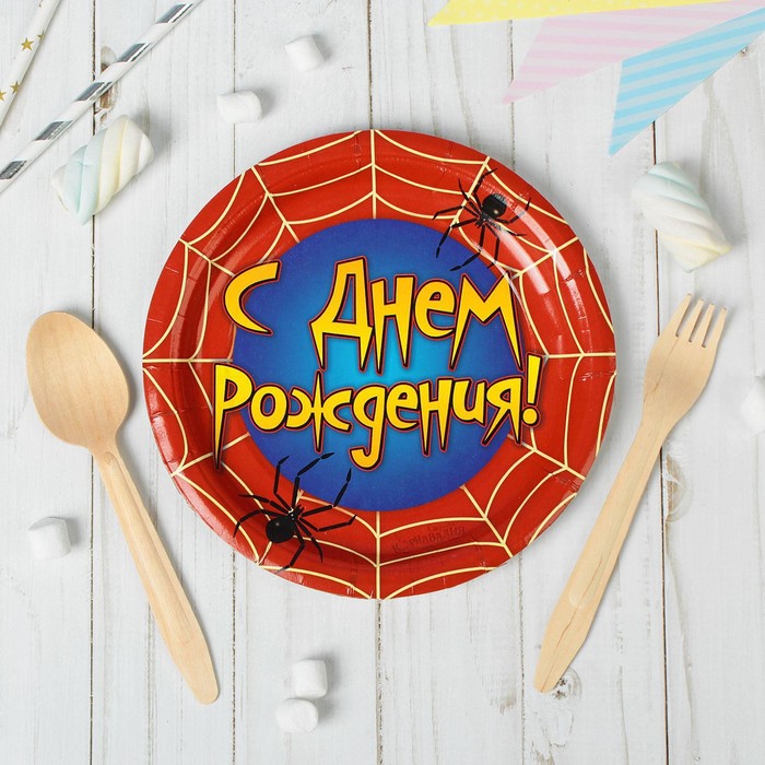 фото Тарелка бумажная «с днём рождения», паутина, 18 см, набор 6 шт. страна карнавалия
