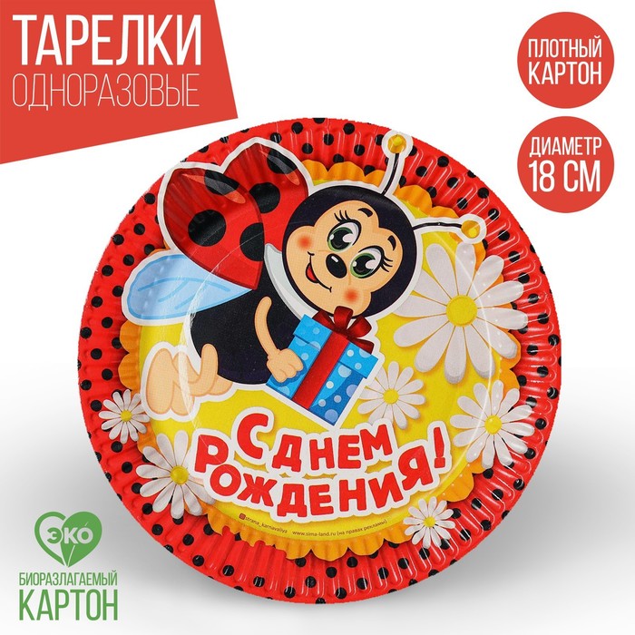Тарелка бумажная "С днем рождения" божья коровка и ромашка, 18 см