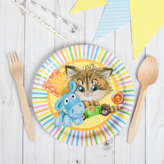 Тарелка бумажная "Котёнок с осликом", набор 6 шт., 18 см