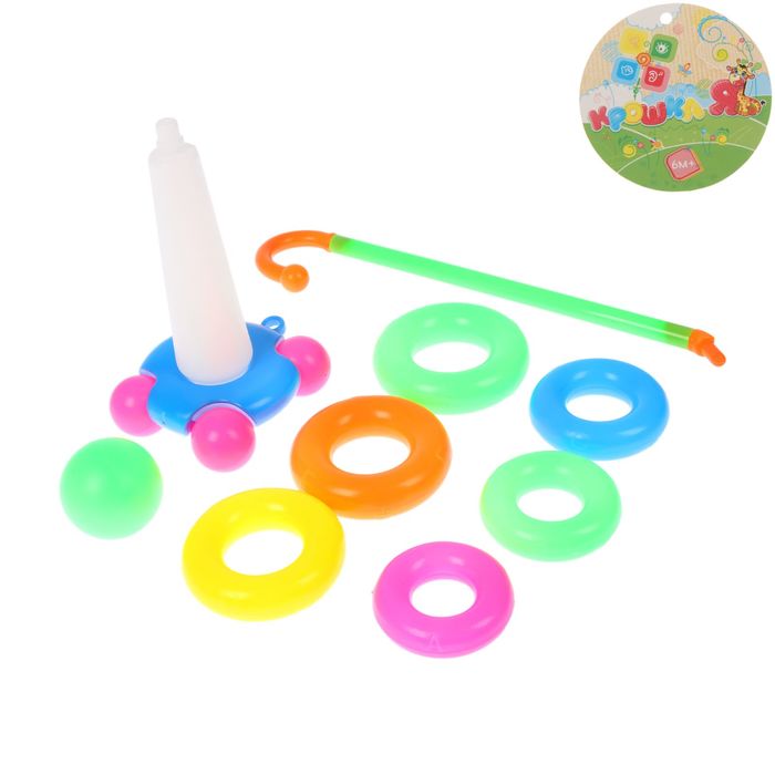 Каталка-пирамидка на палке «Шар»: 6 колец, длина ручки 38 см