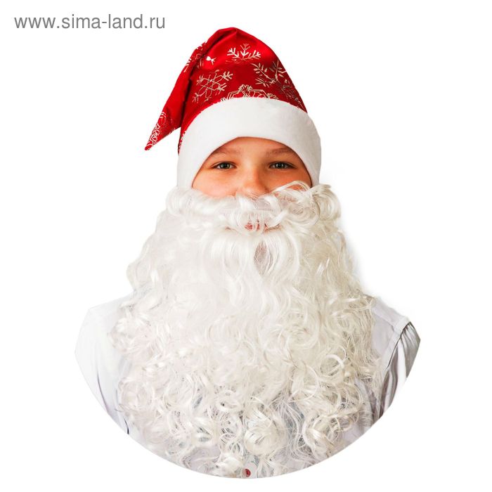 Шляпы Колпак новогодний с бородой, цвет красный со снежинками, сатин