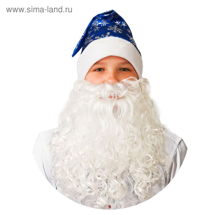 колпак новогодний синий с бородой сатин со снежинками 103 4 Колпак новогодний с бородой, цвет синий со снежинками, сатин