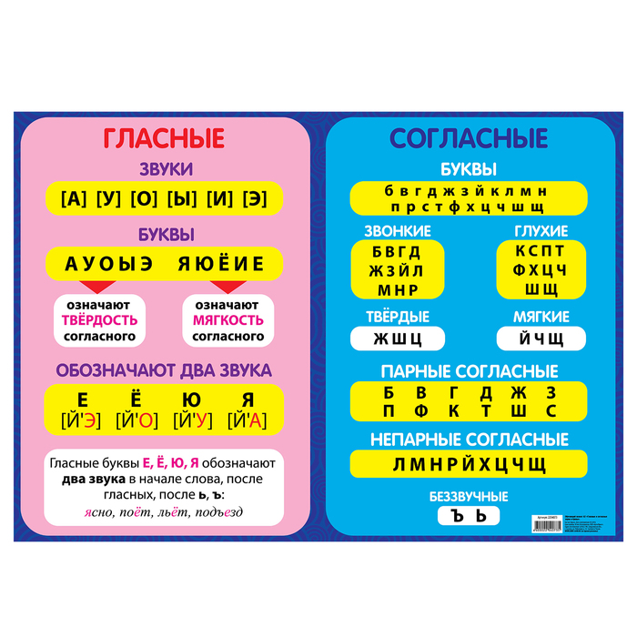 Обучающий плакат А2 "Гласные и согласные звуки и буквы"