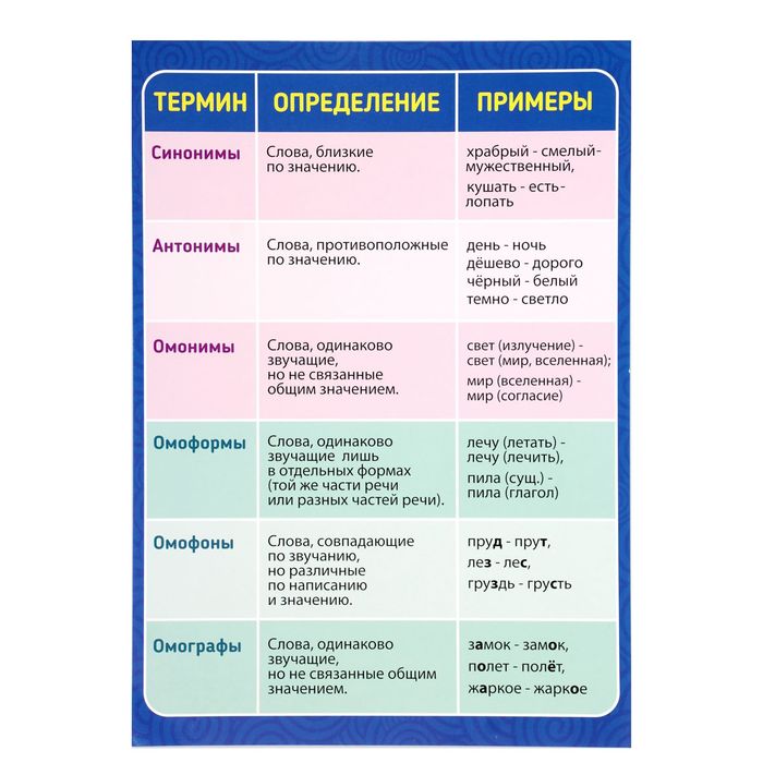 Обучающий плакат А4 "Синонимы, антонимы, омонимы, омофоны"