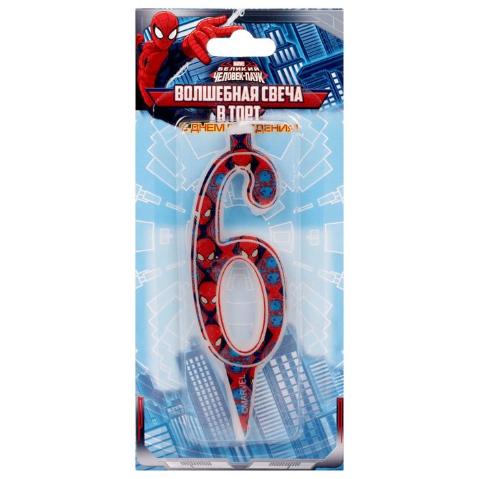 Свеча в торт цифра 6 "С Днем рождения", Человек Паук, БОНУС: мини-игра на обороте