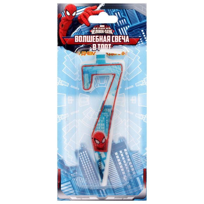 Свеча в торт цифра 7 "С Днем рождения", Человек Паук, БОНУС: мини-игра на обороте