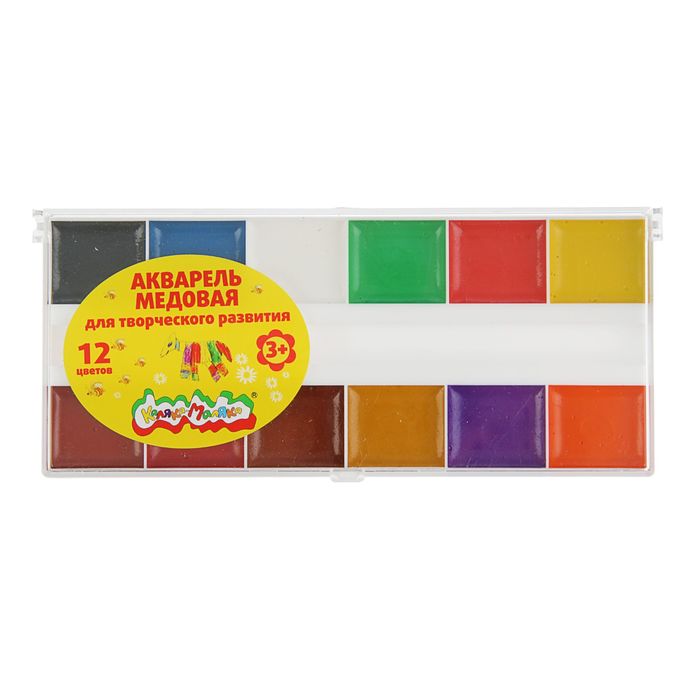 Акварель медовая «Каляка-Маляка», 12 цветов, в пластиковой коробке, без кисти