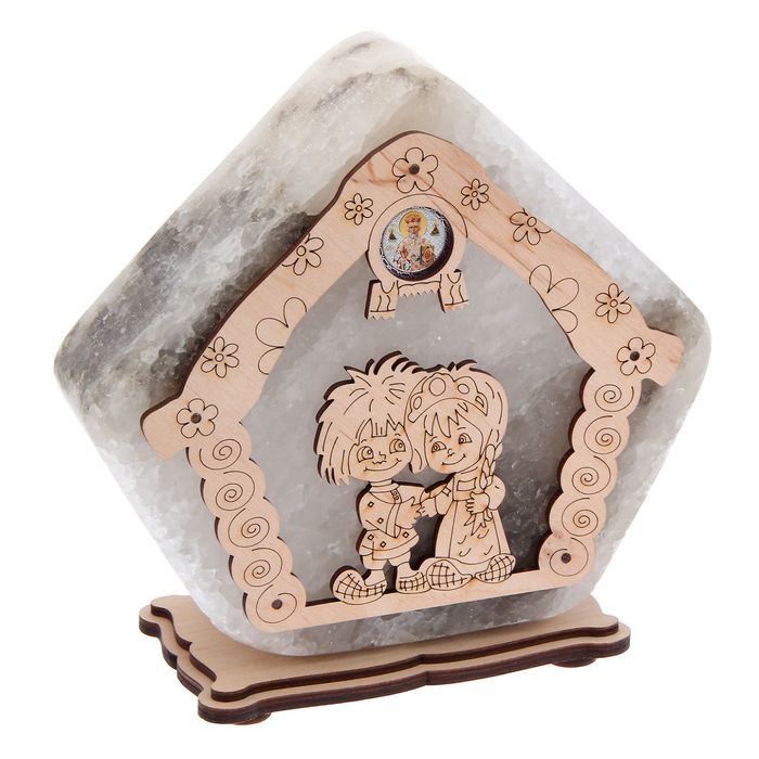 Соляной светильник "Домик" 18х13 см, деревянный декор, цельный кристалл