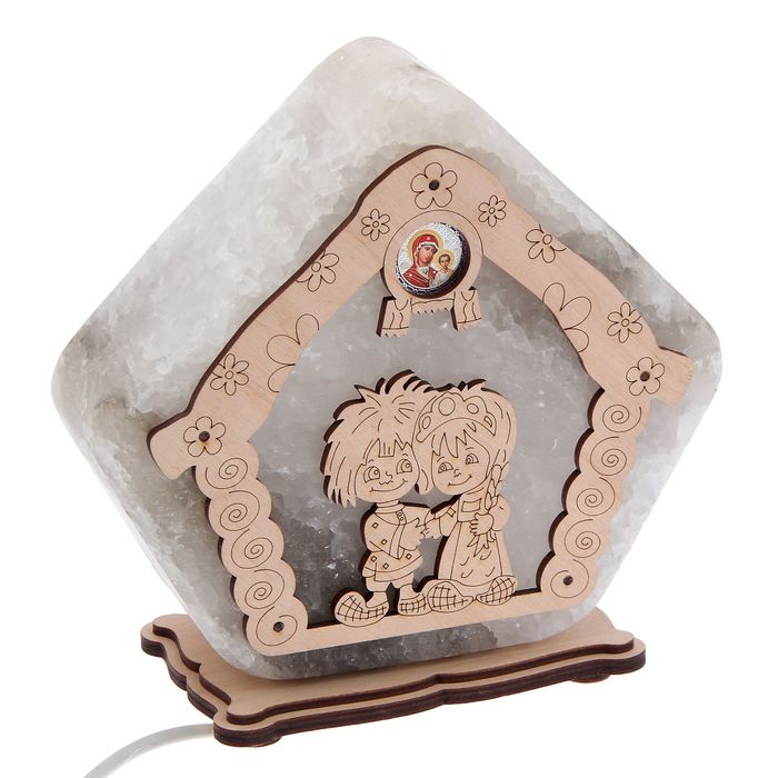 Соляной светильник "Домик" 18х13 см, деревянный декор, цельный кристалл