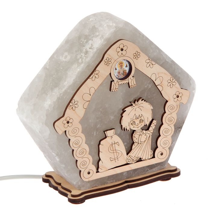 Соляной светильник "Домик" 18х13 см, деревянный декор, цельный кристалл