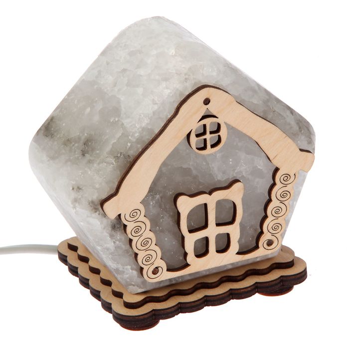 Соляной светильник "Домик" 9х13 см, деревянный декор, цельный кристалл