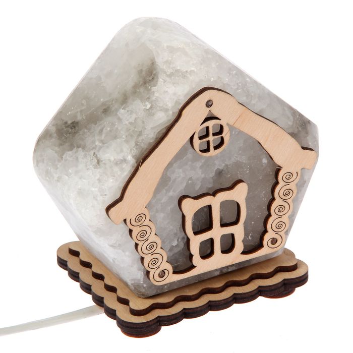 Соляной светильник "Домик" 9х13 см, деревянный декор, цельный кристалл