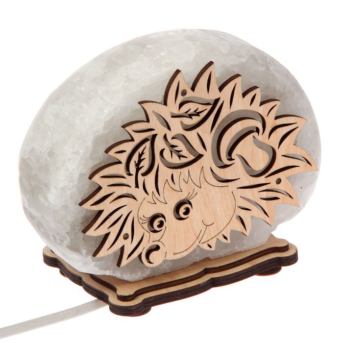 Соляной светильник "Ёж, малый 11х15х6 см, деревянный декор, цельный кристалл