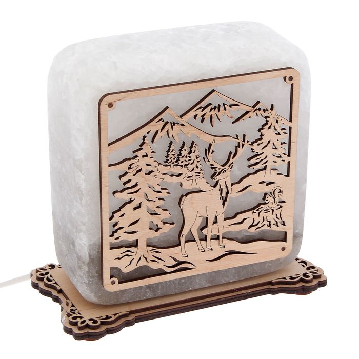 Соляной светильник "Квадрат" с узором, деревянный декор, цельный кристалл