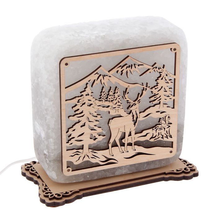 Соляной светильник "Квадрат" с узором, деревянный декор, цельный кристалл