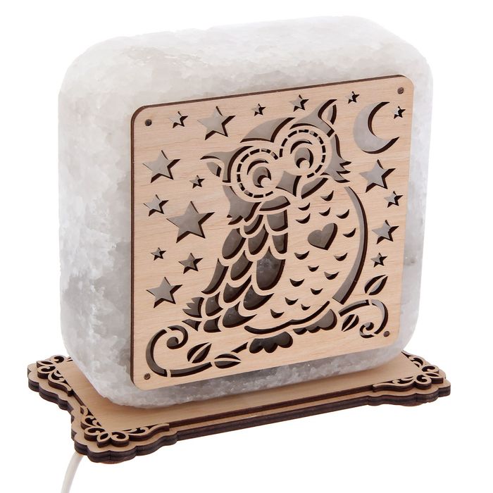 Соляной светильник "Квадрат" с узором, деревянный декор, цельный кристалл