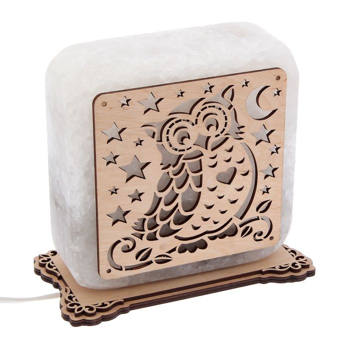 Соляной светильник "Квадрат" с узором, деревянный декор, цельный кристалл