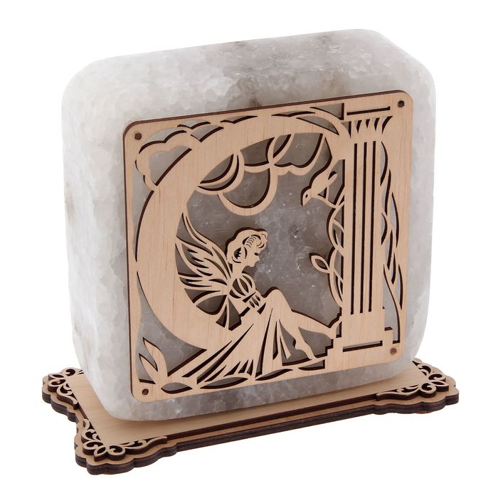 Соляной светильник "Квадрат" с узором фея, деревянный декор, цельный кристалл