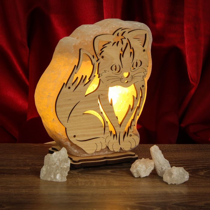 Соляной светильник "Кот" большой 19 х 15 х 6 см, деревянный декор