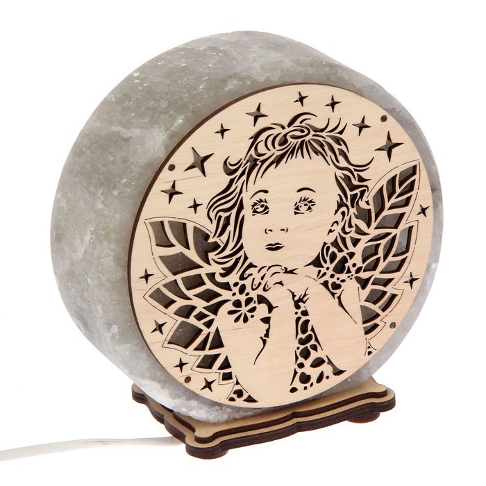 Соляной светильник "Круглый" ангел, деревянный декор, цельный кристалл