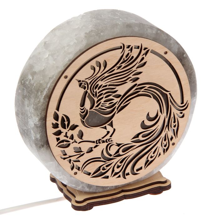 Соляной светильник "Круглый", большой, с узором "Жар-птица", деревянный декор, цельный кристалл