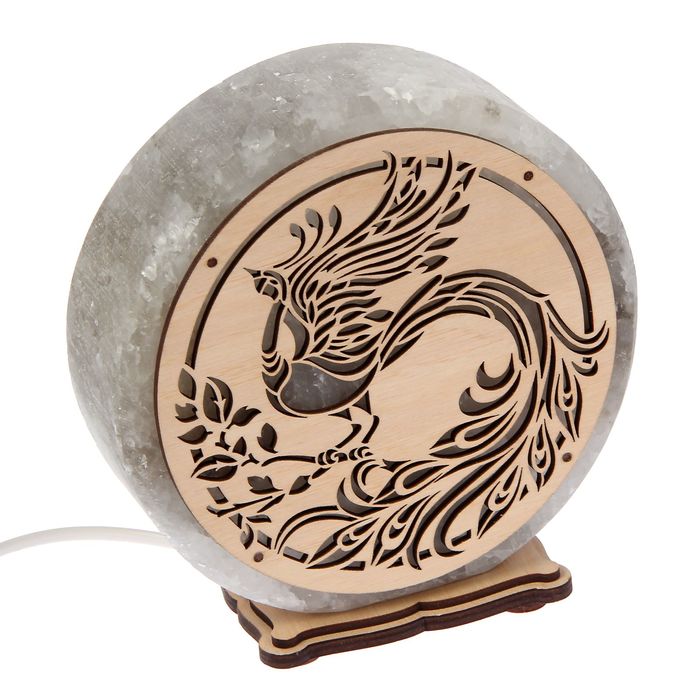 Соляной светильник "Круглый", большой, с узором "Жар-птица", деревянный декор, цельный кристалл